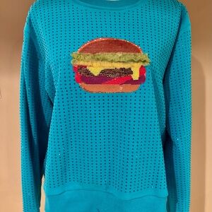 Unique QUEEN OF SPARKLES Teal Sweater with Burger Motif